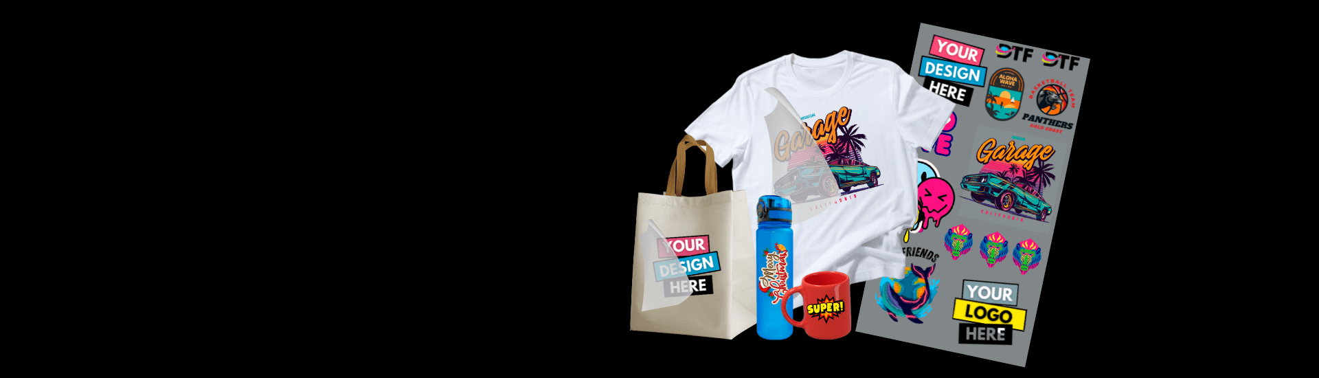 Custom DTF Gang Sheet printed in Miami with t-shirt, tote bag, tumbler and mug