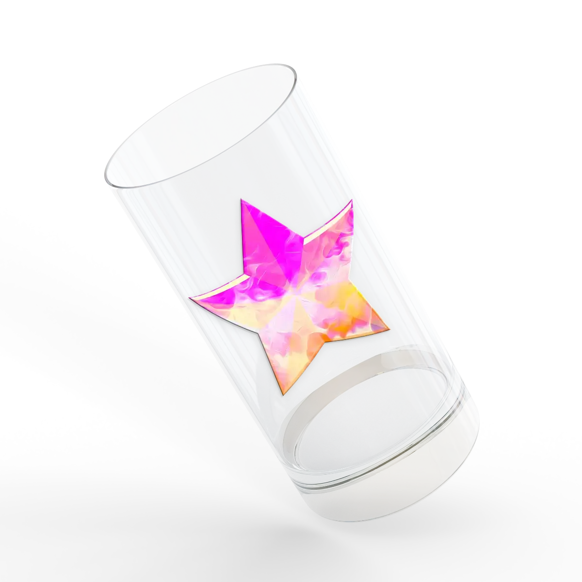Custom glass tumbler with DTF star print, ideal for gifts or promotions in Doral, Florida. Durable and vibrant DTF printing.