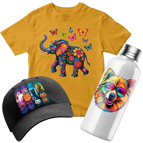 Collection of custom products with DTF printing in Doral, Florida, including t-shirts with unique designs, caps, and water bottles.