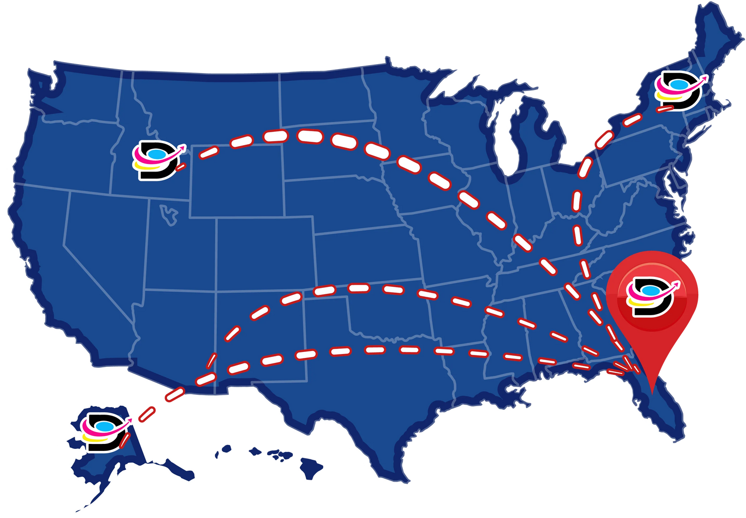 Map showing DTF Transfers Now shipping from Miami to cities across the U.S.