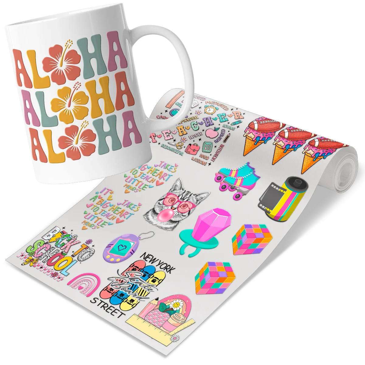 UV DTF sticker and decal printing in Florida. Custom white mug personalized with high-quality, vibrant permanent stickers.