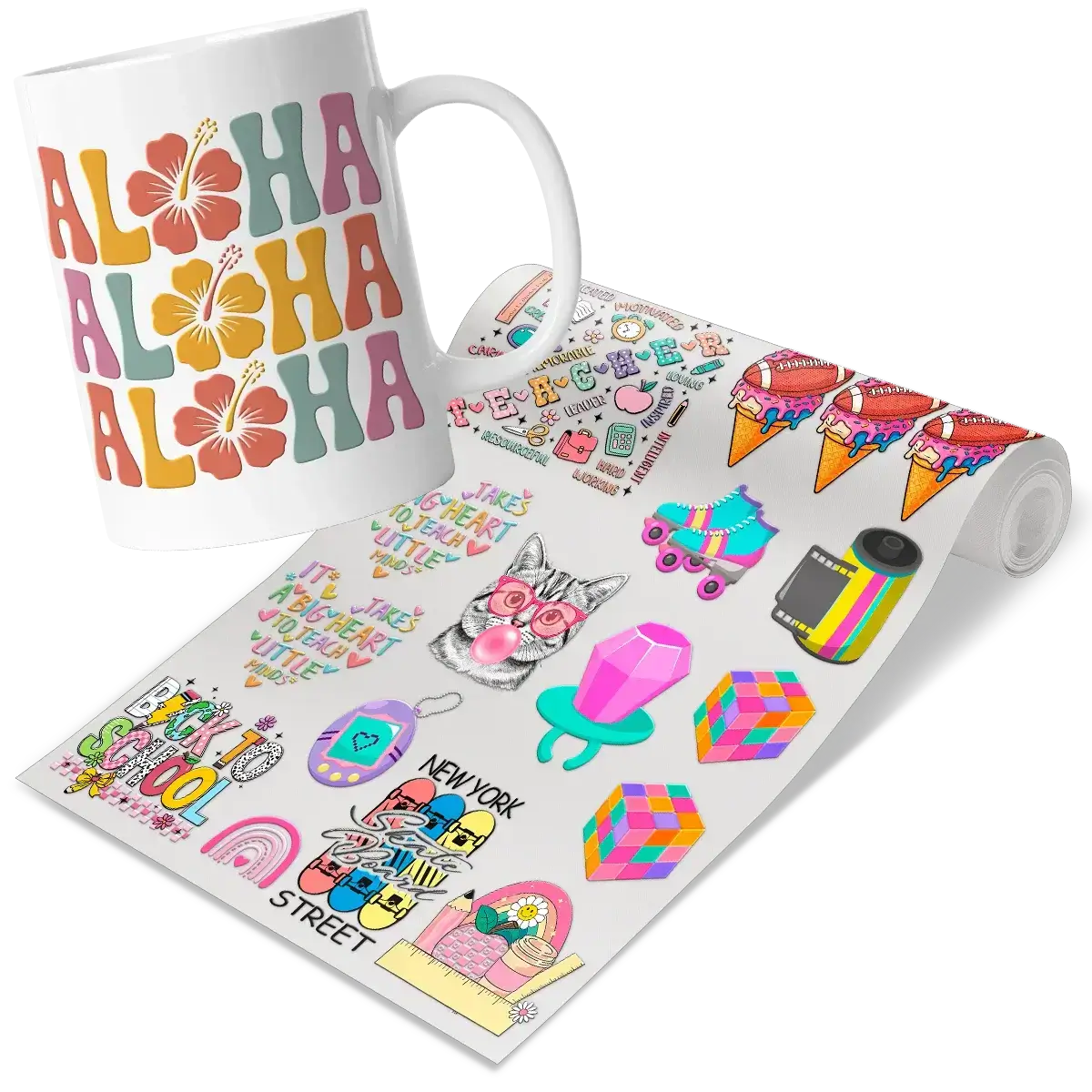 UV DTF sticker and decal printing in Florida. Custom white mug personalized with high-quality, vibrant permanent stickers.