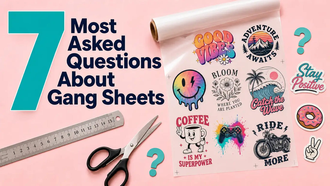 DTF gang sheet filled with multiple printed designs ready to be cut and pressed