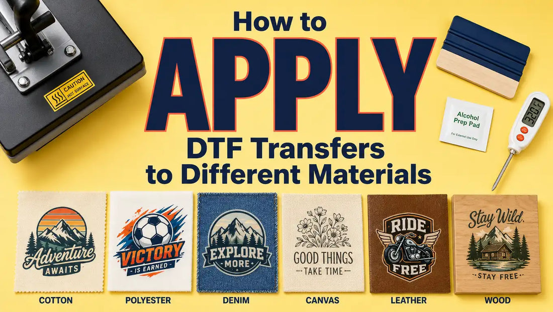 Heat press applying a DTF transfer onto fabric next to samples of different materials