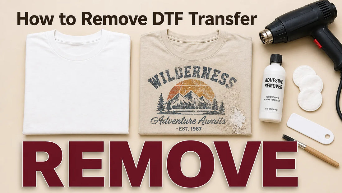 Hands carefully removing a DTF transfer from a t-shirt using heat and a peeling tool