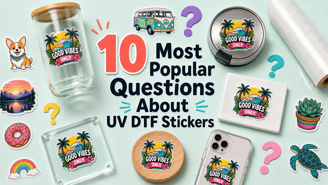 Colorful UV DTF stickers arranged in a top-down flatlay showcasing different designs and finishes