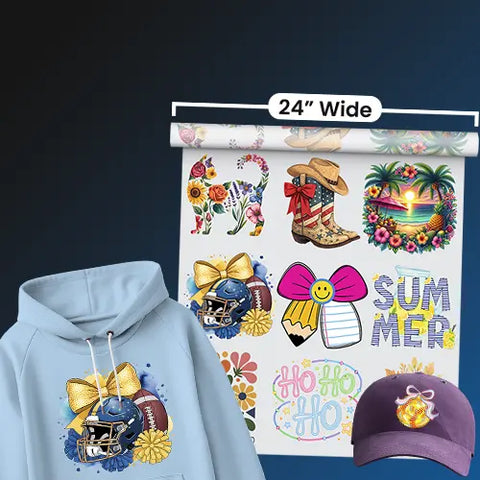 24-inch wide custom DTF transfer gang sheet roll displayed with a printed light blue hoodie and purple cap featuring sports and summer designs.