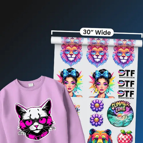 30-inch wide custom DTF transfer gang sheet roll featuring vibrant lion and character designs next to a printed purple sweatshirt.