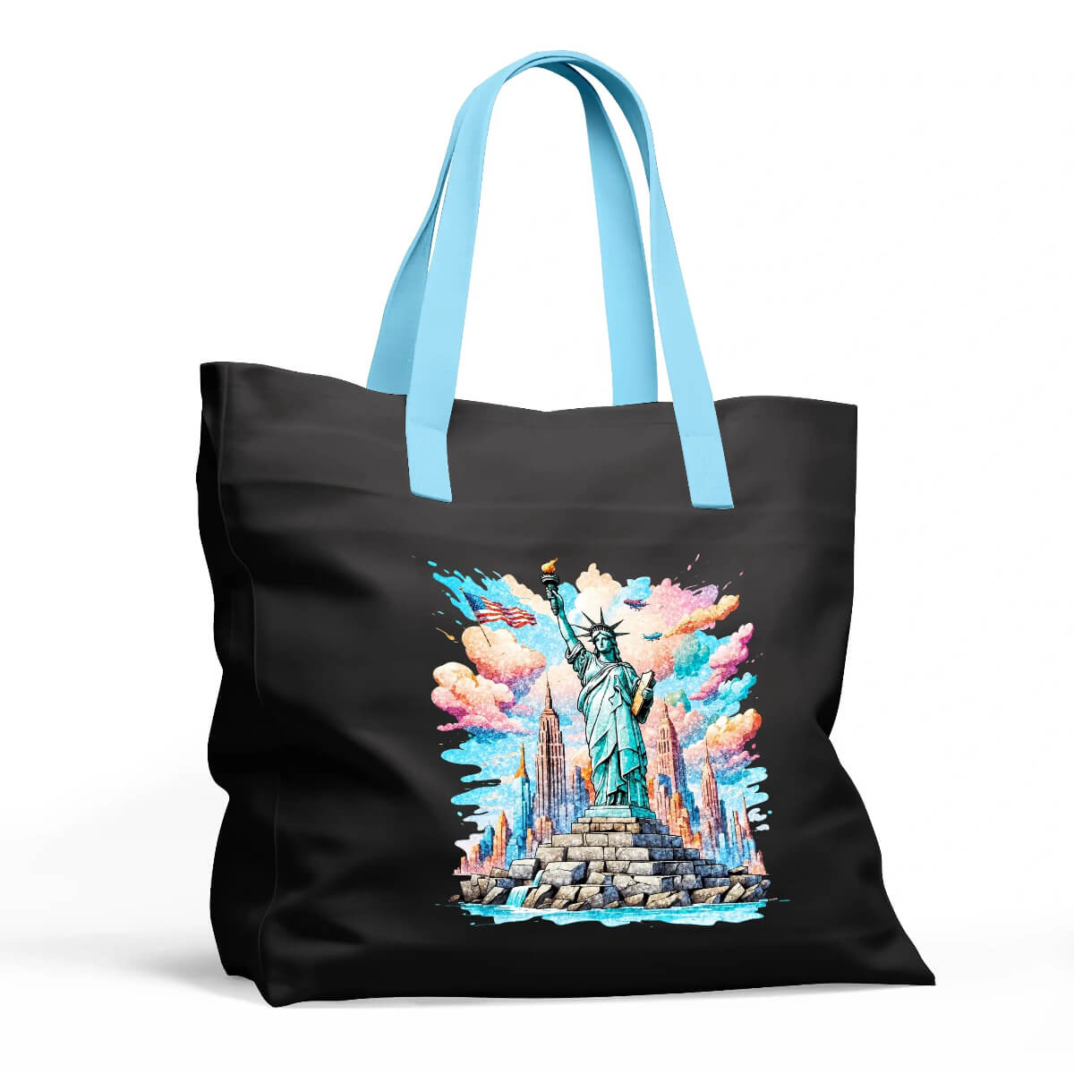 Glitter DTF Transfers design on a black tote bag featuring a colorful Statue of Liberty illustration with vibrant cityscape and dramatic sky