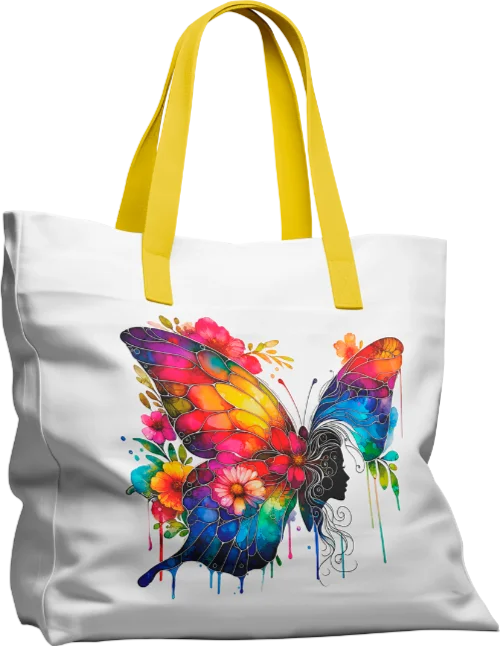 Bolsa tote blanca personalizada con asas amarillas y un vibrante diseño artístico de mariposa y flores, impresa con transfers DTF personalizados de alta calidad.