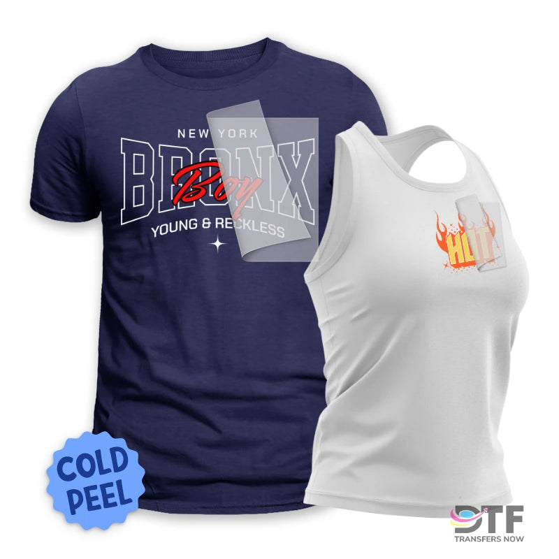"Navy blue t-shirt and white tank top demonstrating Cold Peel DTF Transfers for Custom Apparel with 'New York Bronx Boy' and flaming 'HOT' typography designs."