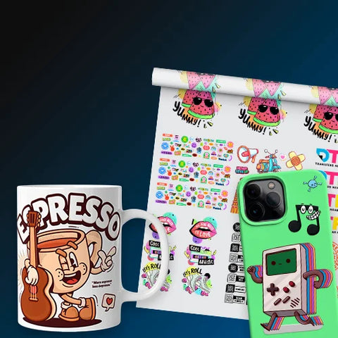 Selection of personalized gift items including a white ceramic mug, smartphone case, and custom stickers showcasing vibrant, high-quality digital print designs.