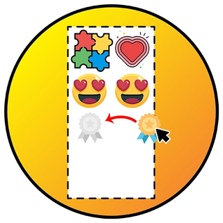 Iconos coloridos de rompecabezas, corazones y emojis con selección de insignia de logro, impresión UV DTF creativa para premios personalizados y diseños de stickers.