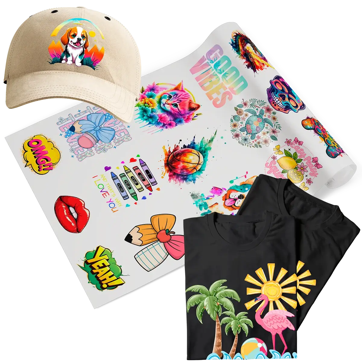Gang sheet with multiple hot peel DTF designs including cap and t-shirt mockups