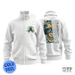 "White track jacket featuring Cold Peel DTF Transfers for Custom Apparel with a small chest logo and a large back-print scuba diving skull design."
