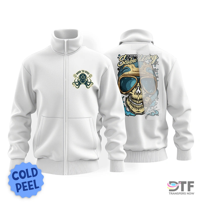 "White track jacket featuring Cold Peel DTF Transfers for Custom Apparel with a small chest logo and a large back-print scuba diving skull design."
