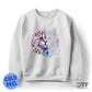 "White sweatshirt featuring a Cold Peel DTF Transfers for Custom Apparel application of a colorful long-haired cat surrounded by spring flowers."