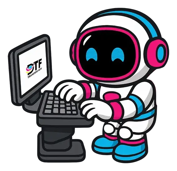 Cartoon robot in a spacesuit typing on a keyboard at a computer displaying the OTF Translations logo, with Custom DTF Transfers materials scattered nearby.