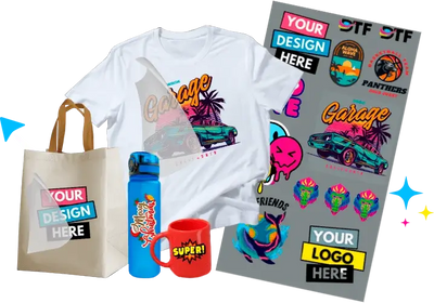 Professional DTF transfer gang sheet printing with vibrant graphics for multiple products, including personalized apparel and promotional items like a mug and bag.