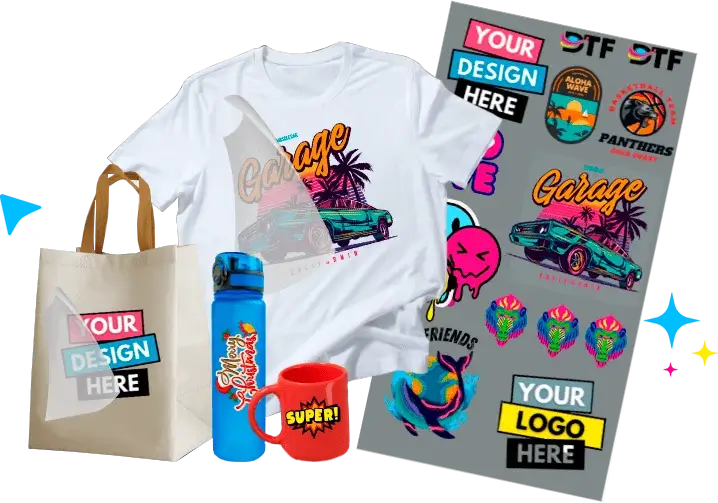 Professional DTF transfer gang sheet printing with vibrant graphics for multiple products, including personalized apparel and promotional items like a mug and bag.