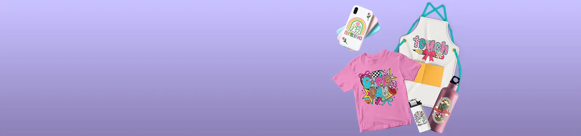 Custom DTF transfer designs on apparel, printed with vibrant colors.