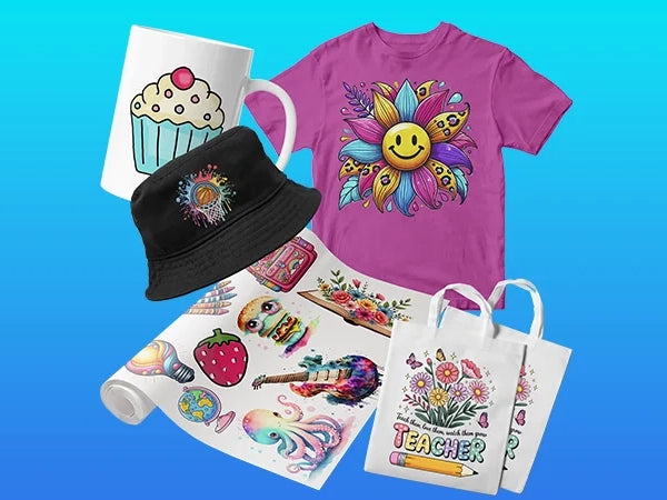 Sample of products printed with DTF technology in Doral, Florida. We offer custom DTF printing for t-shirts, hats, mugs, and bags in the Doral area.