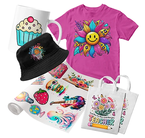 Selection of custom DTF transfers printed in Doral, applied to a mug, a hat, a tote bag, and a t-shirt, showing the versatility of our premium printing service.