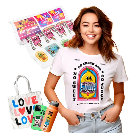 Custom DTF transfer printing service in Kendall, FL, showcasing vibrant graphic applications on multiple surfaces including a white t-shirt, a canvas bag, and a tech accessory for local branding.