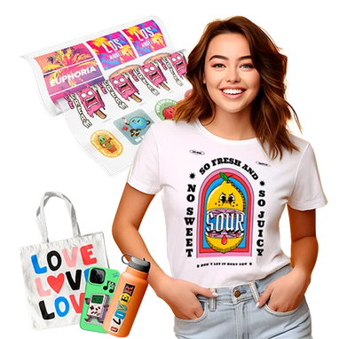 Custom DTF transfer printing service in Kendall, FL, showcasing vibrant graphic applications on multiple surfaces including a white t-shirt, a canvas bag, and a tech accessory for local branding.