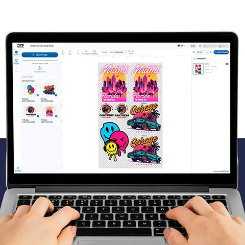 Hands using an online designer tool on a laptop to build your gang sheet with custom 'Miami' and 'Garage California' DTF transfer layouts.