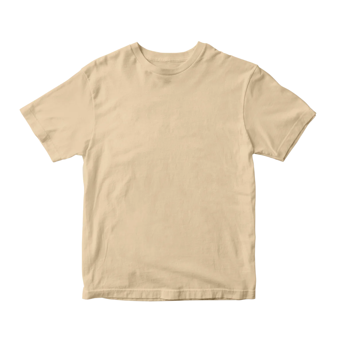 Front view of a blank sand-colored custom t-shirt mockup, perfect for showcasing earth-tone custom DTF transfer designs.