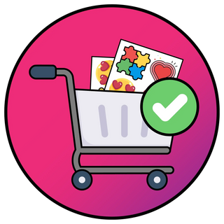 E-commerce shopping cart icon with colorful stickers and a green checkmark, illustrating a successful product added to cart action on a pink circular background.