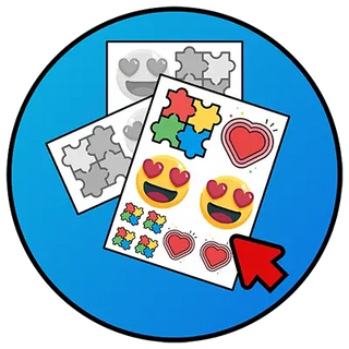 Hoja de stickers con emojis y piezas de rompecabezas a color seleccionada sobre versiones en escala de grises, impresión UV DTF creativa para diseños personalizados y accesorios vibrantes.