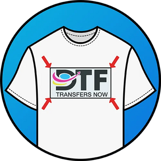 Technical t-shirt mockup showing the ideal center-chest placement for a 'DTF Transfers Now' logo, featuring red arrows to guide professional heat press alignment.