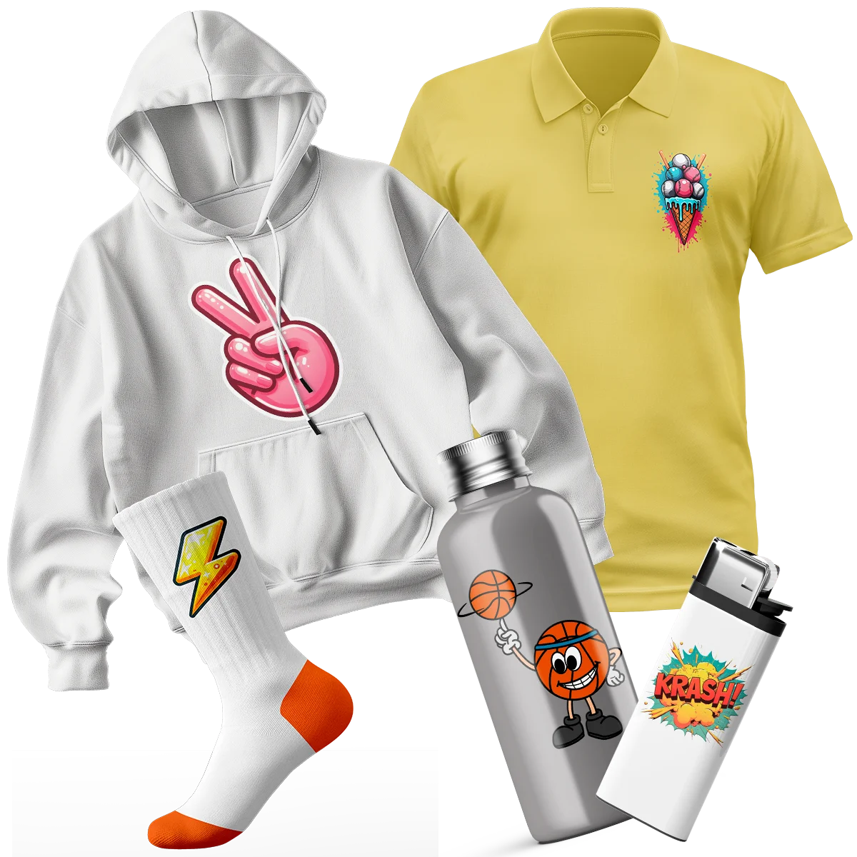 Variety of custom apparel with DTF printing in Doral, Florida: hoodies, socks, and polo shirts with creative, high-quality designs.