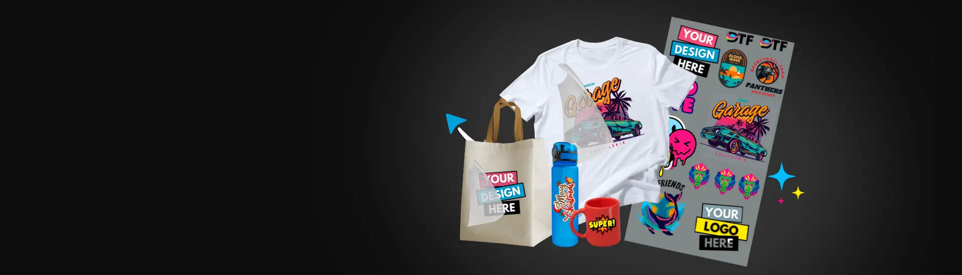 A white t-shirt, tote bag, blue water bottle, red mug, and sticker sheet—each featuring custom DTF transfers and logos—are displayed on a dark background for a unique, personalized look.