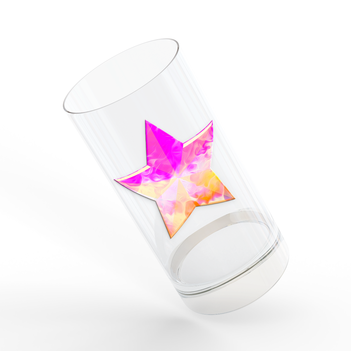 Custom glass tumbler with DTF star print, ideal for gifts or promotions in Doral, Florida. Durable and vibrant DTF printing.