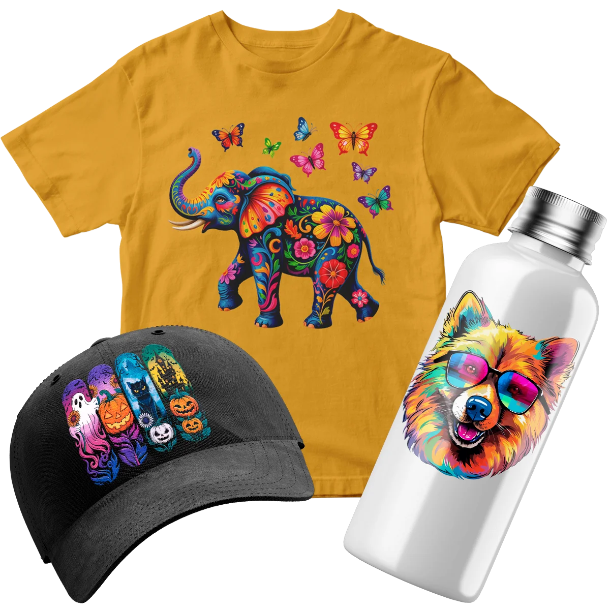 Collection of custom products with DTF printing in Doral, Florida, including t-shirts with unique designs, caps, and water bottles.