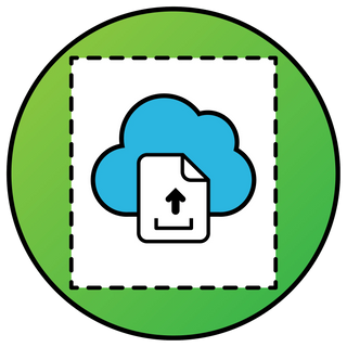 Icono de subida a la nube con nube azul y flecha de documento dentro de un círculo verde, símbolo de gestión digital de archivos y almacenamiento en línea.