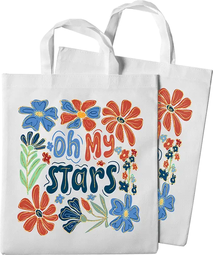 Two white custom tote bags featuring a colorful floral design with the phrase 'Oh My Stars,' showcasing high-quality custom DTF transfer printing.