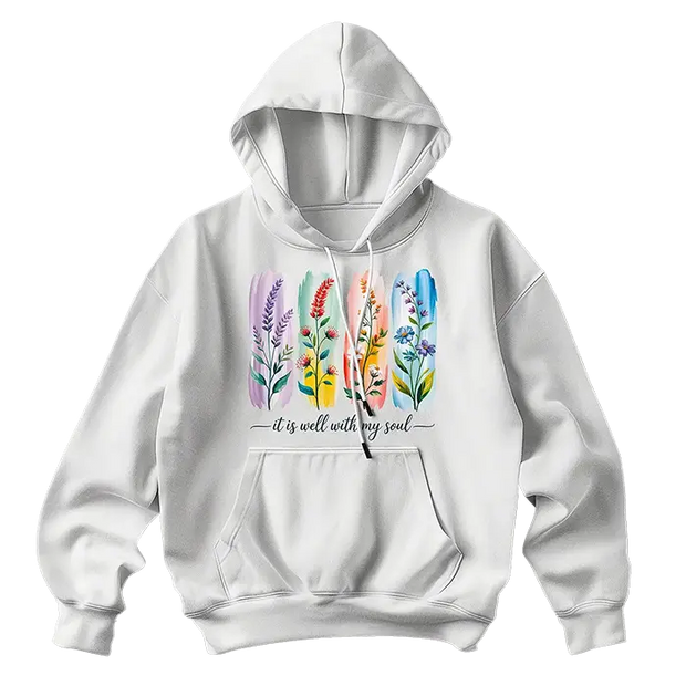 Hoodie blanco personalizado con un diseño floral 'it is well with my soul' y vibrantes pinceladas verticales de acuarela, impreso con un transfer DTF de alta calidad.