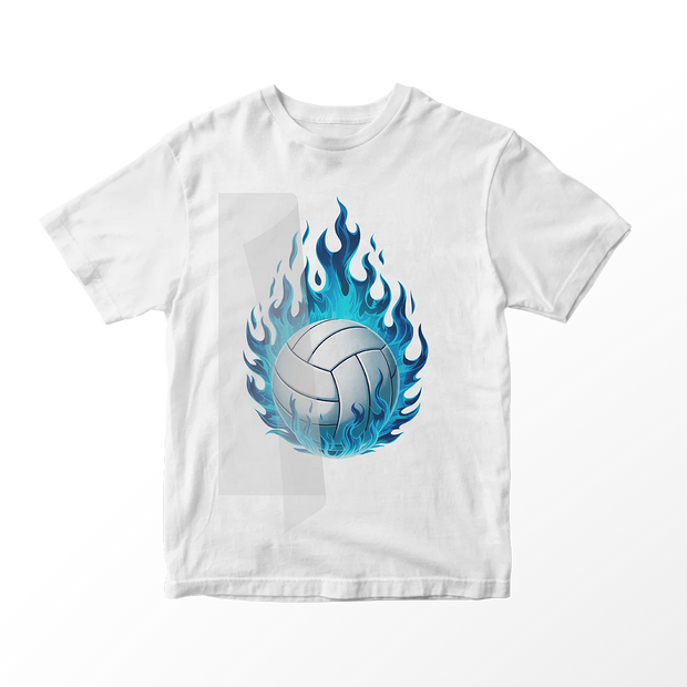 Camiseta blanca personalizada con un vibrante transfer DTF de un balón de voleibol rodeado de intensas llamas azules, perfecta para ropa de equipos deportivos.