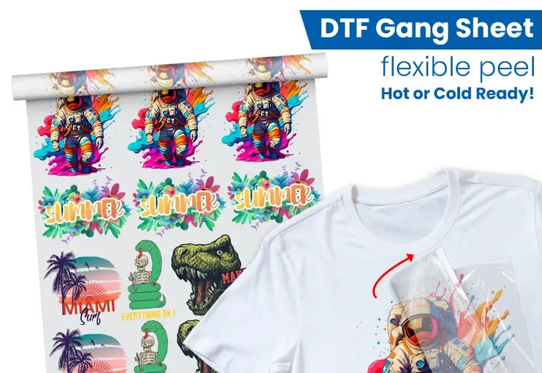 DTF gang sheet pressed onto a shirt, ready for pickup at our Miami shop