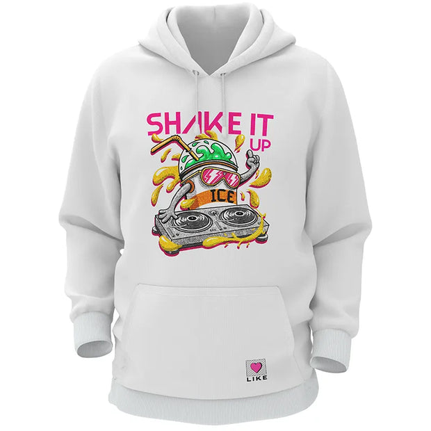 Frente de un hoodie blanco personalizado con una gran ilustración vibrante de un DJ estilo caricatura, mostrando impresión DTF de alta resolución en ropa.