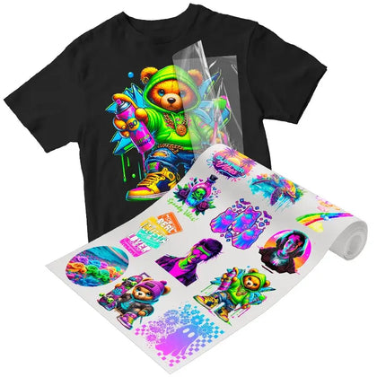 Fluorescent neon DTF gang sheet that glows under UV light