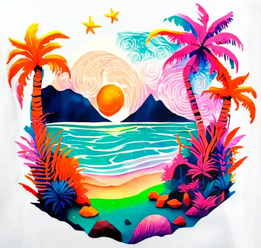 Colorful neon summer landscape design with palm trees and a sunset, showcasing high-quality DTF print detail.