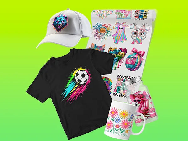 DTF printing service in Florida for customizing t-shirts, mugs, tote bags, and water bottles with full-color logos and designs.