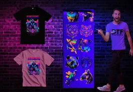 Purple shirt with neon fluorescent DTF designs