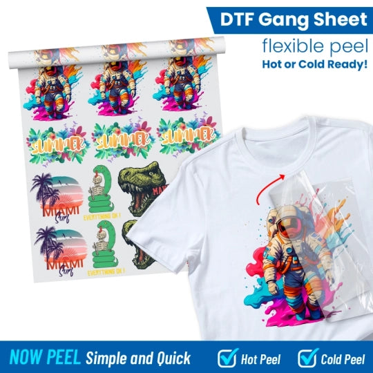 DTF Gang Sheet with colorful designs and flexible application on t-shirt.