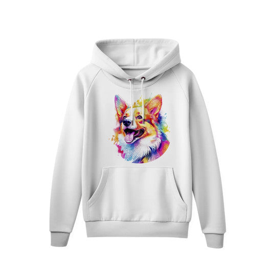 White hoodie featuring a vibrant Corgi dog print.